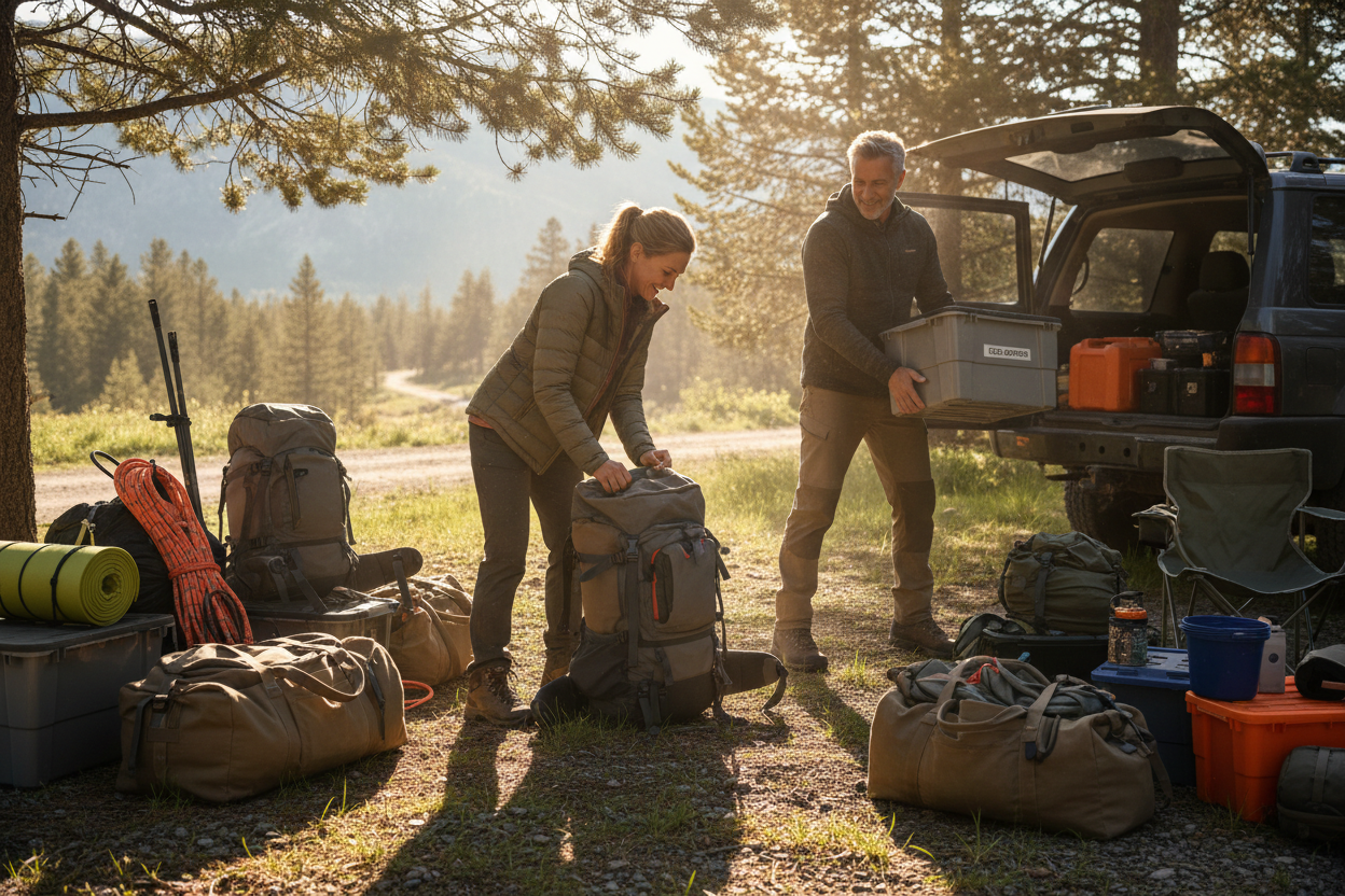 A mid aged man and a woman wearing doing some outdoor adventure preparation and handling bulky bags, gear and boxes.